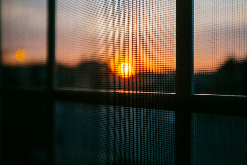 Repaired window screen at sunset